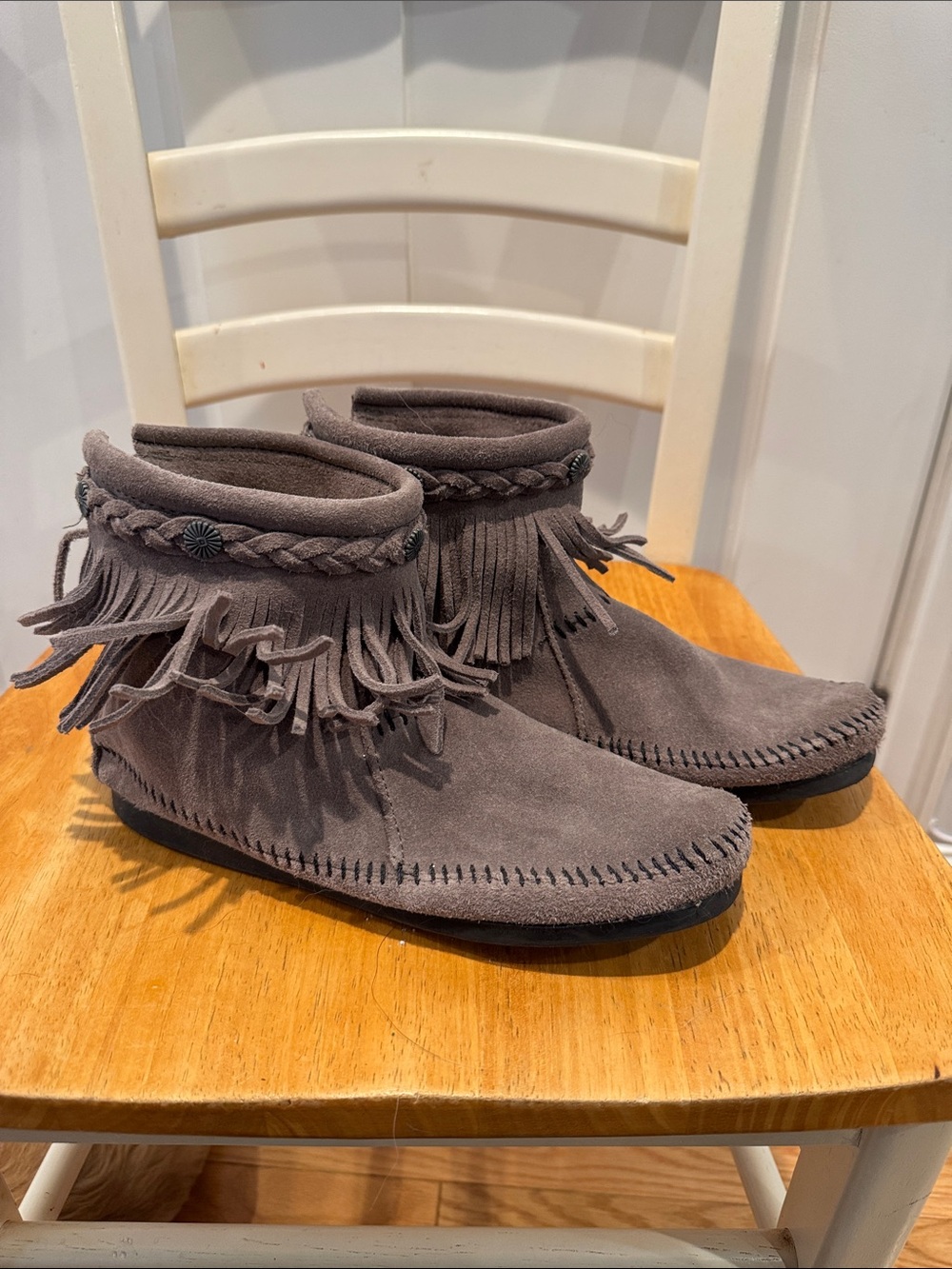 Minnetonka Gray Suede Fringe Ankle Moccasins